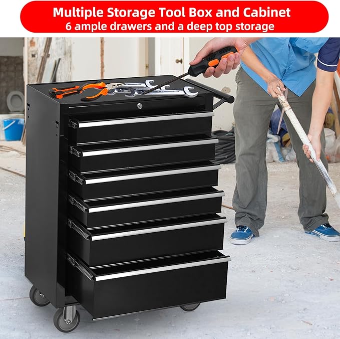 6-Drawer Rolling Tool Chest Cabinet, Large Capacity Metal Tool Box with Wheels and Locking, Roll Around Storage Organizer Tool Cart for Garage, Warehouse, Work Shop - Black