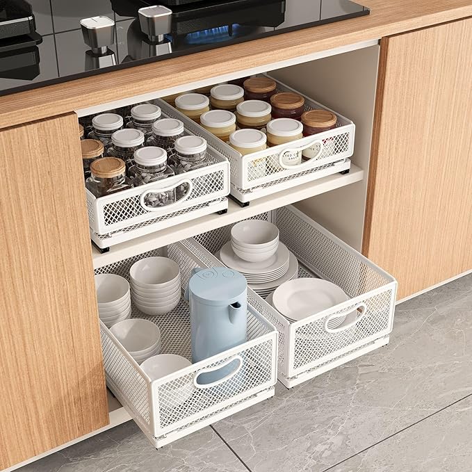 Sliding Cabinet Basket Organizer Drawer Self Adhesive Slide out Pantry Shelves Heavy Duty Carbon Steel Slide Cabinet Storage Basket with Handle for Bathroom Kitchen Home