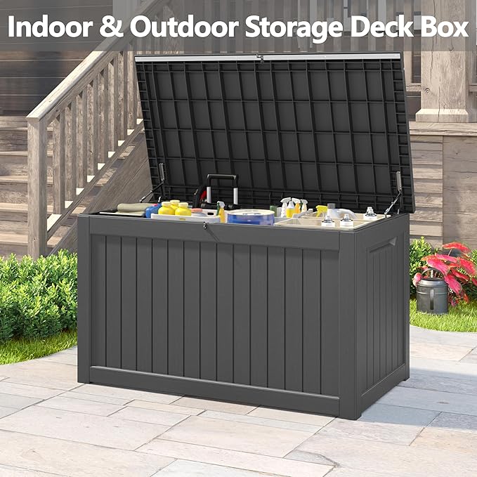 NUNU LAB 270 Gallon Large Resin Deck Box, Waterproof Outdoor Storage Box, Lockable Storage Bin for Patio Furniture, Garden Tools, Pool Accessories, UV-Resistant & All-Weather, Black