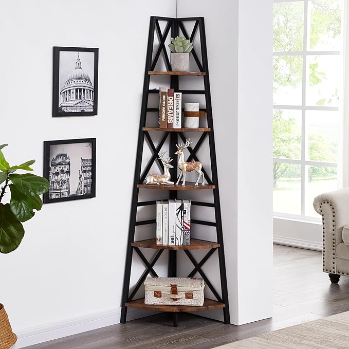 HOMBAZAAR 72 Inch Tall Corner Shelf, 5 Tier Corner Ladder Bookshelf, Tall Corner Bookcase with Metal Frame, Rustic Shelf Stand for Living Room, Bedroom, Office, Rustic Brown