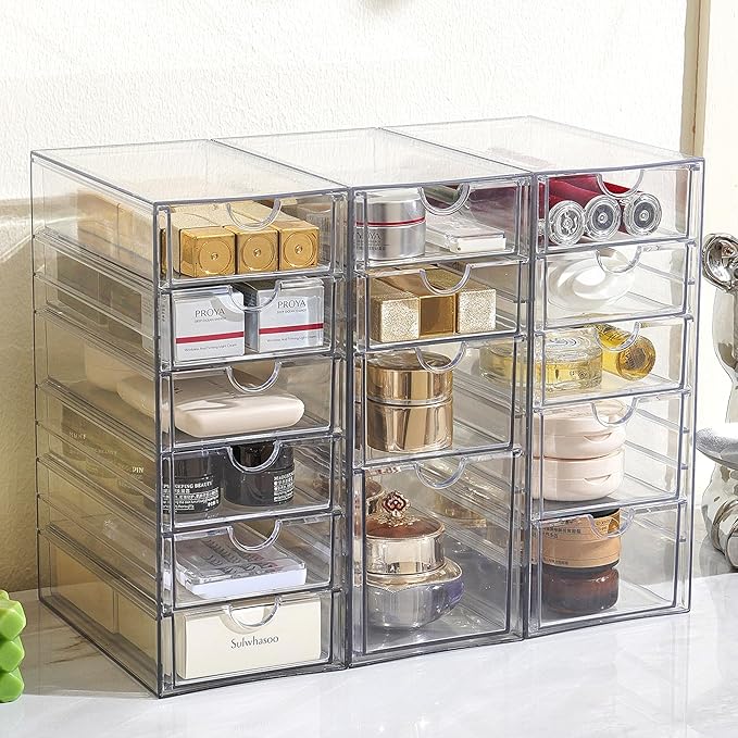 Prsildan Acrylic Drawer Organizer with 15 Drawers, Makeup Craft Office Desk Organizers Accessories, Set of 3 Clear Stackable Storage Drawers for Vanity, Countertop, Jewelry, Art Supply Organization