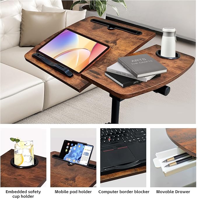 Overbed Table with Wheels Adjustable Height, Tiltable Desktop with Tray, Over Bed Table Rolling Bedside Tables, Medical Mobile Standing Desk, for Hospital Office Bedroom Sofa, Brown