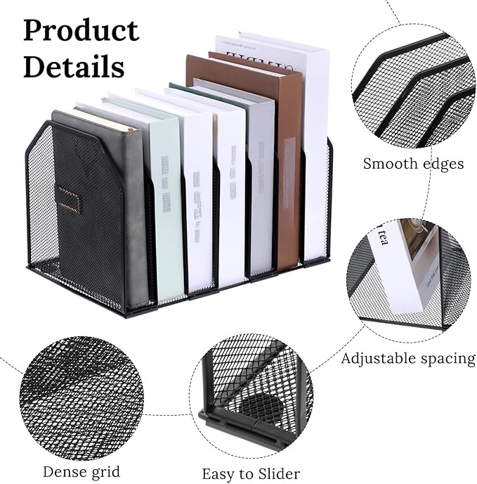 Metal Mesh File Organizer, Adjustable 7 Section Vertical Desk File Holder, Black Office Heavy-Duty Document Sorter for Books Binders, Laptops