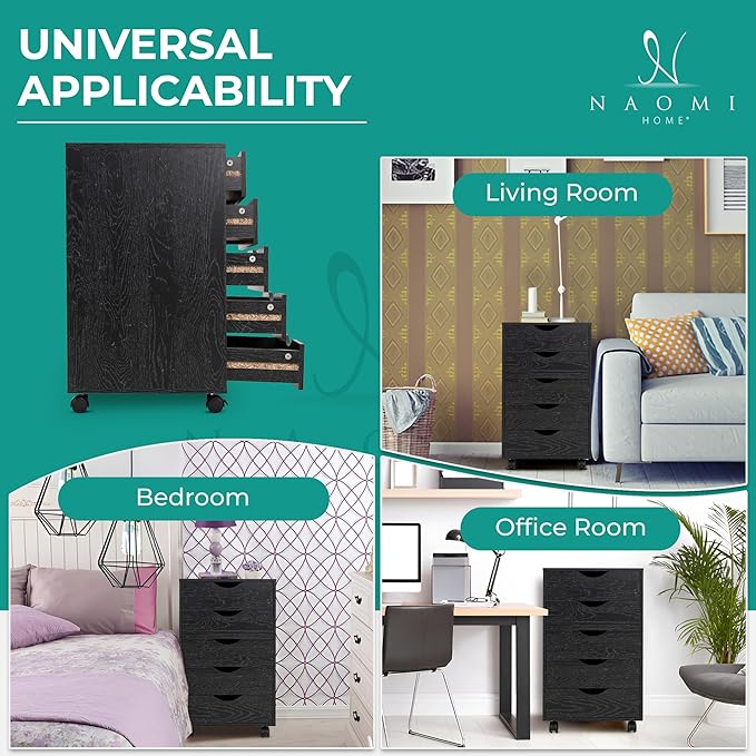 Naomi Home 5-Drawer Mobile Storage Cart Under Desk - Rolling Organizer with Lockable Wheels, Distressed Black Engineered Wood for Dorm Office Apartment, 15.7 x 15.7 x 26 Inches