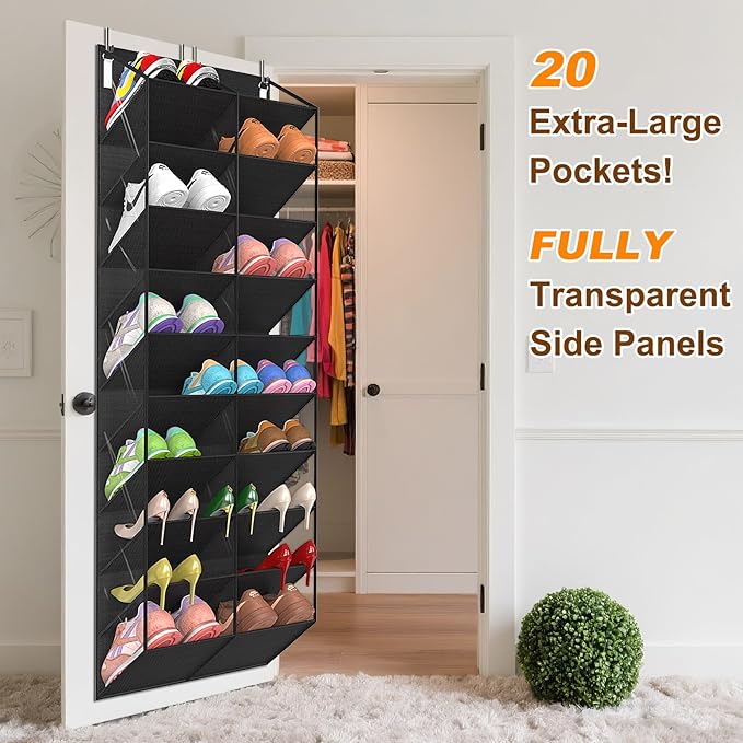 30 Pairs Over the Door Shoe Organizer, Clear Pockets Hanging Shoe Storage for Closet, 10-Tier Door Shoes Rack Storage, Handing Shoes Holder Fit All the Family's Sneakers, Boots, Heels, Black