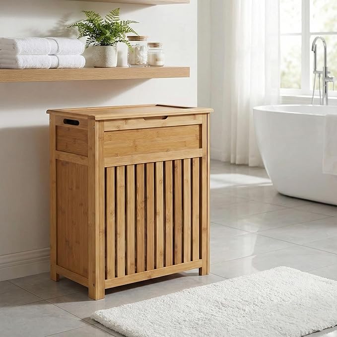 Redmon Bamboo Top Load Full Size Clothes Hamper, Side Handles, Double Hinged Lid and Decorative Stop