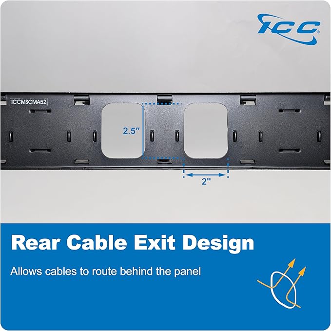 ICC 2U Ring Cable Manager Panel with Cover, Plastic with Metal Back Frame, 4" D-Rings, Horizontal Cable Management, Rackmount for 19” Network Racks, Black, 6-Pack