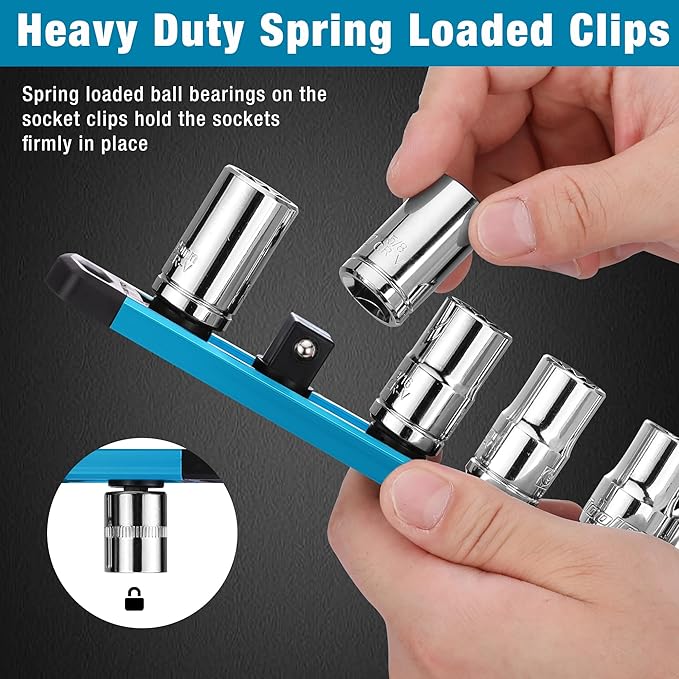 WORKPRO Magnetic Socket Organizer, 1/2-Inch Drive Aluminum Alloy Socket Rail, Heavy Duty Socket Holder, Socket Rack Kit 1/2-Inch x 10 Clips Sky Blue (Socket not Included)