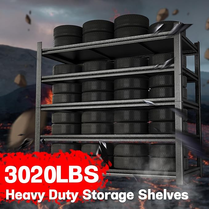 Metal Garage Shelving Unit, Heavy Duty 5-Tier Adjustable Storage Rack, Steel Shelving, 3020 lbs Capacity, Industrial Shelves for Heavy Tools and Equipment, Ideal for Garage, Basement, Black, 63"