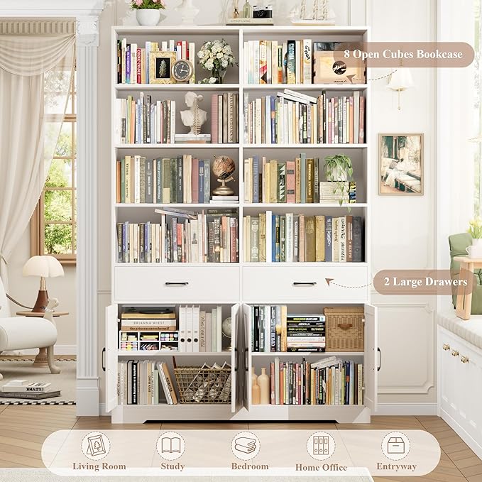 HOSTACK 78" Tall Bookshelf with Doors, Double Wide Bookshelf with Storage Drawers, Large Bookcase with Cabinet and 8 Open Display Shelves, Farmhouse Wood Bookcase Book Shelf for Living Room, White