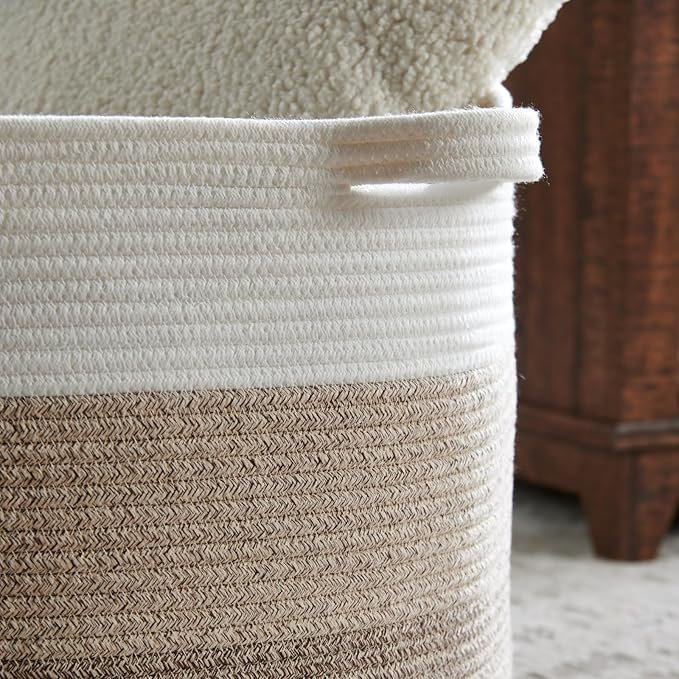 Luxury Little Extra Large Nursery Storage Basket, 22 x 22 x 14 inches - 100% Cotton Rope Baskets with Handles, Blanket Basket for Toys, Blankets & Pillows - Brown & White