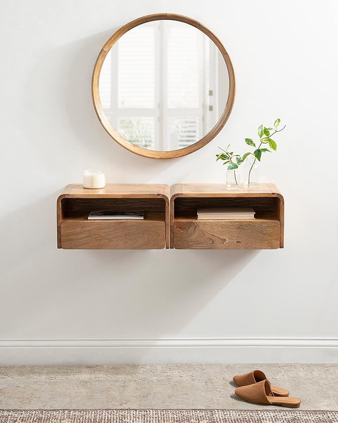 Kate and Laurel Kato Transitional Wood Floating Side Table with Drawer, 18 x 10 x 9, Natural Brown, Modern Wooden Floating Nightstand for Bedroom Bedside Table