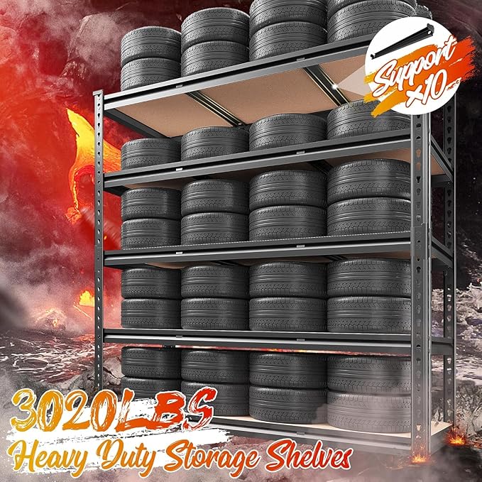 REIBII 48" W Garage Shelving 3020LBS Storage Shelves 5 Tier Heavy Duty Shelving Adjustable Garage Shelves for Basement, Warehouse, Commercial, Easy Assemble, 48" W x 72" H x 24" D, 2PC