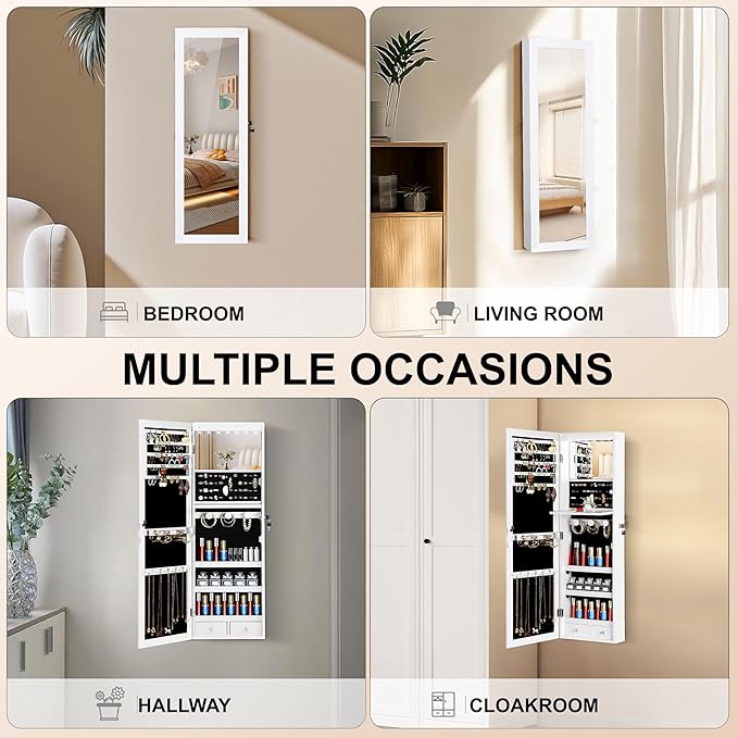 Mirror Jewelry Organizer, Wall/Door Mounted Jewelry Armoire with Full-Length Mirror,Hanging Jewelry Cabinet with LED Interior Lights, White