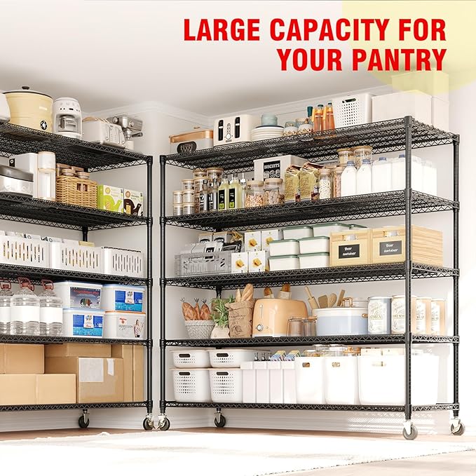 GarveeHome 82"H Storage Shelves with Wheels, 5-Tier Metal Shelving Unit Heavy Duty 3300LBS Load, Adjustable Garage Shelving Wire Rack Shelves, for Pantry Room,Kitchen, Warehouse, Basement,24"D x 59"W