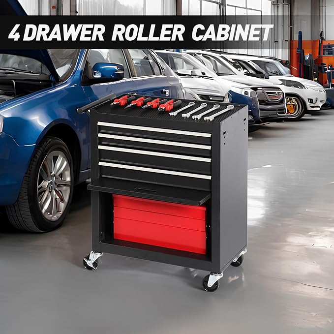 4-Drawer Rolling Tool Chest, Cabinet with 4 Wheels Tool Chest with Drawers, Suitable for Garages, Warehouses, Workshops, Repair Shops (4-Drawer Black)