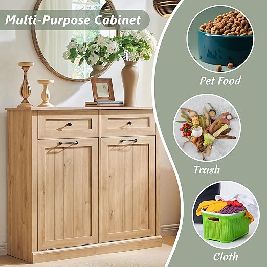 Double Tilt Out Trash Cabinet, 20 Gallon Farmhouse Laundry Hamper Cabinet with 2 Drawers, Hidden Wooden Trash Can Cabinets with Storage Basket for Kitchen, Living Room (Natural)