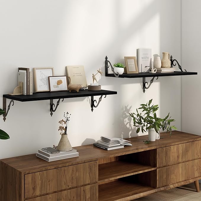 Deep Floating Shelves for Wall, 32"W x 12"D Wall Shelves, 12 Inch Deep Floating Shelf with Bracket, 32 Inch Floating Shelves Set of 2, Rustic Shelves for Living Room, Bathroom and Kitchen, Black