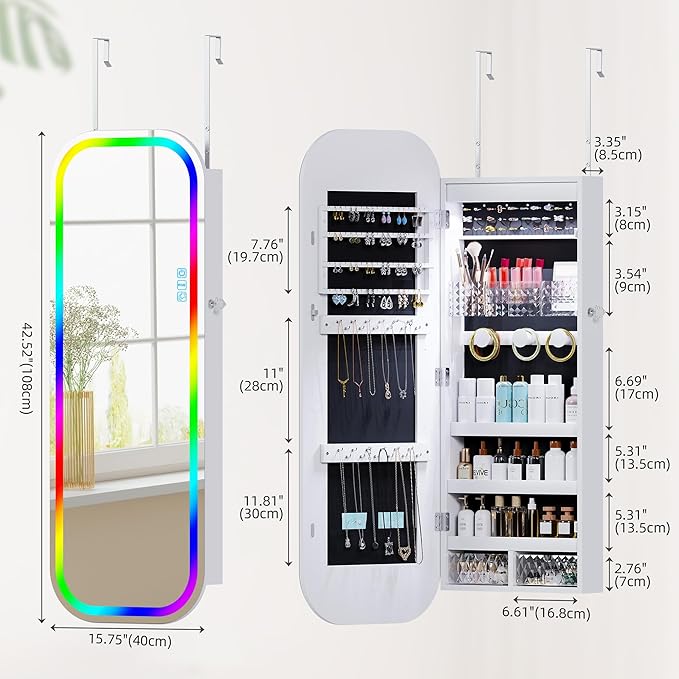 6 LED Mirror Jewelry Cabinet - Wall/Door Mounted Armoire with Large Capacity, Lockable, 14 Dimmable Lights + Adjustable Full-Length Standing or Hanging, White - Cosmetic Storage Organizer, Gift Idea