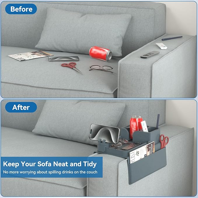 Couch Arm Cup Holder CLESOO Couch Arm Tray Anti-Slip Couch Cup Holder Silicone Sofa Armrest Tray Dual Side Pocket Couch Drink Holder Sofa Caddy Arm Remote Holder Snack Caddy with Phone Holder Blue