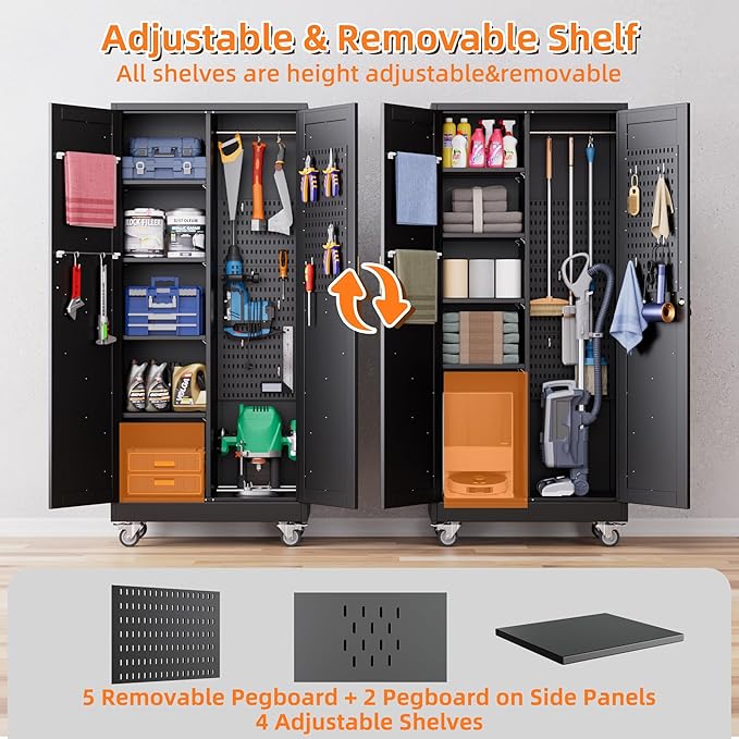 Aobabo Broom Closet Storage Cabinet with 4 Shelves, Garage Storage Cabinet with Wheels and Pegboard and Metal Hooks, Hanging Rod for Brooms and Mops,Kitchen Pantry, Black, Assembly Required