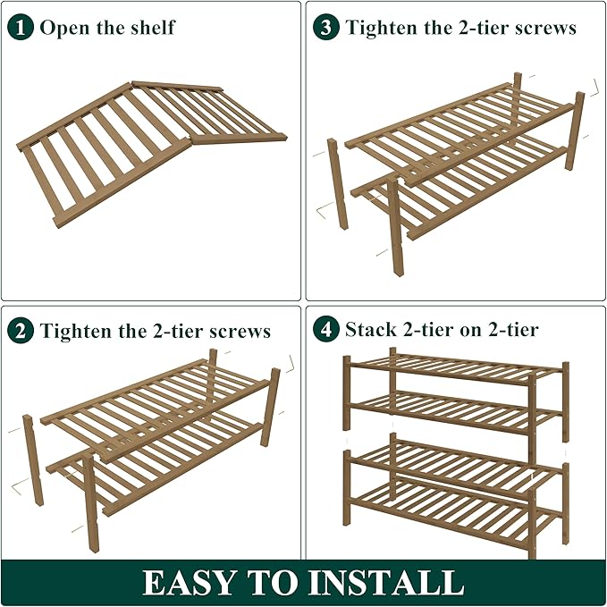 Smiry Bamboo Shoe Rack for Closet, 4 Tier Wooden Stackable Shoe Organizer, Free Standing Shoes Storage Shelf for Entryway, Front Door Entrance, Walnut