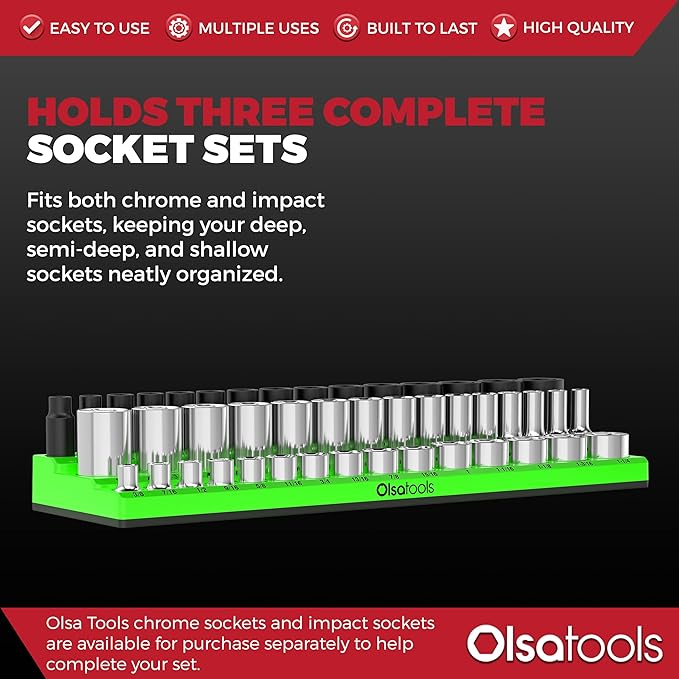 Olsa Tools Magnetic Socket Organizer - 1/2-Inch Drive, 3 Row - Holds 45 Sockets - SAE Green, Professional Grade - Part: 1549