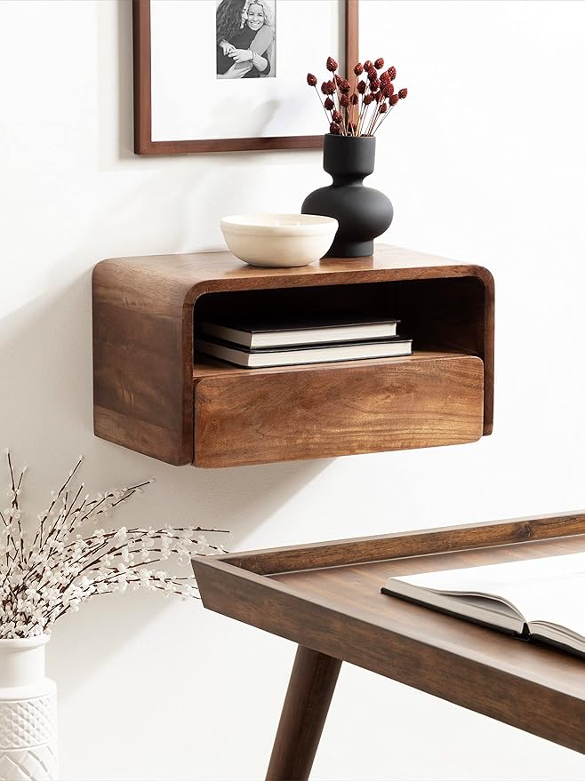 Kate and Laurel Kato Modern Wood Floating Side Table with Drawer; 18 x 10 x 9; Walnut Brown; Contemporary Wooden Floating Nightstand for Bedroom Bedside Table