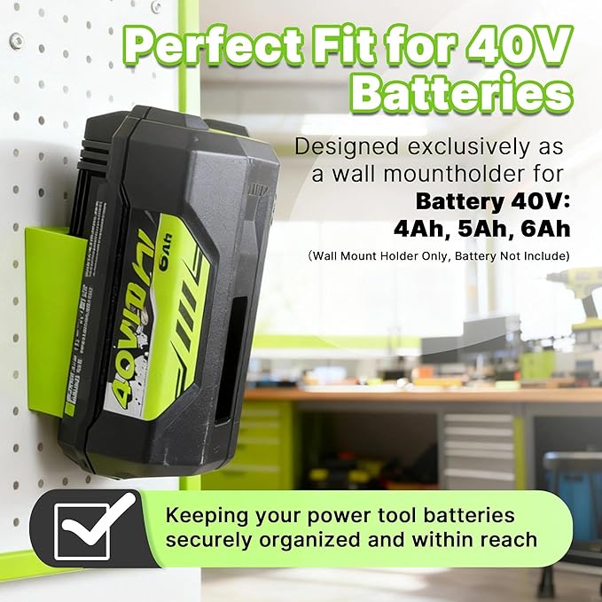 Wall Mount Holder Compatible with Ryobi Battery 40V：4Ah, 5Ah, 6Ah, 2 Pack Plastic Wall Mount Battery Storage Rack with Screws
