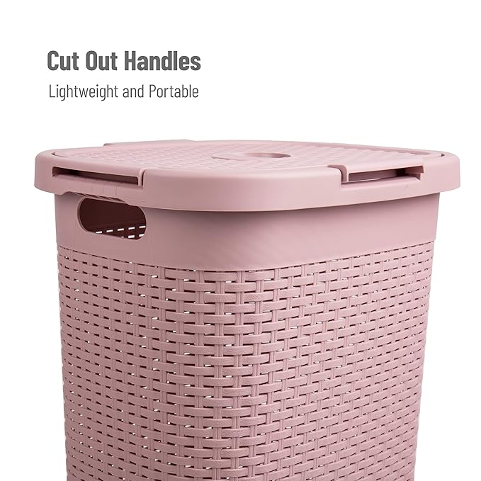 Mind Reader Slim Laundry Hamper with Lid, 60L Clothes Basket, Premium Wicker Design, Plastic, Pink