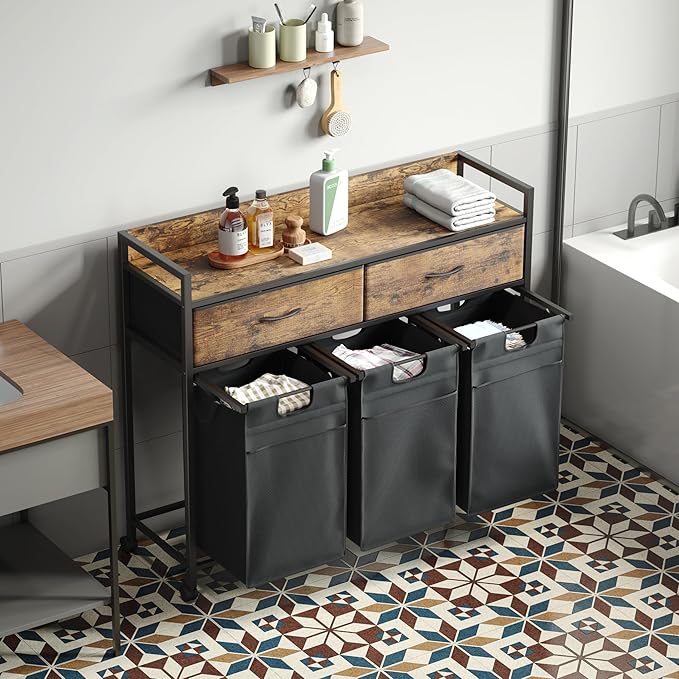 Laundry Hamper baskets 3 Section with 2 Drawers, 150L Laundry Sorter with Wheels Pull-Out Removable Laundry Bags, Rustic Brown and Black