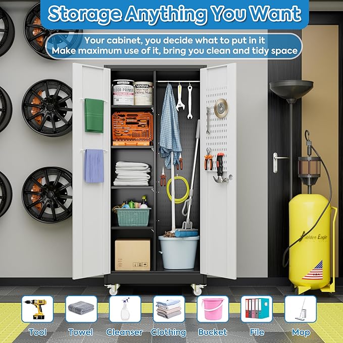 SUXXAN Broom Closet Storage Cabinet, Metal Cabinets with 13 Hooks and Hanging Rods, 71" Metal Storage Cabinet, Heavy Duty Cleaning Cabinet for Garage, Laundry Room