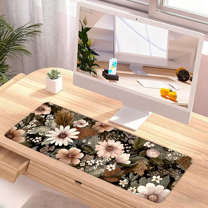 Vintage Beige Floral Mouse Pad – Large Extended Desk Mat 31.5 x 11.8 in– Neutral Retro Botanical Design, Non-Slip Rubber Base, Waterproof Surface, Oversized Keyboard & Mouse Pad for Office or Home