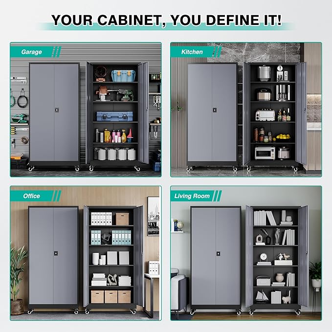 SISESOL 75" Tall Metal Storage Cabinet with Wheels,Rolling Garage Storage Cabinet with Lock,Gray Metal Cabinets with Wheels and Shelves,Tall Tool Cabinets on Wheel for Garage,Home,Office,Shop
