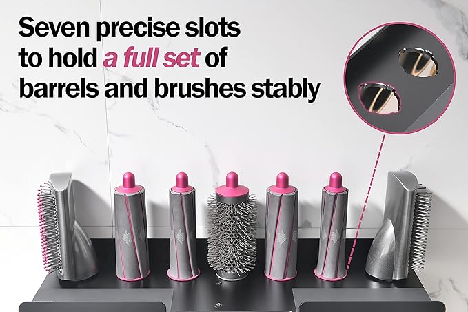 Wall Mount Holder for Dyson Styler Supersonic Hair Dryer, Nail-Free or Perforat Install, Organizer for Storage Attachments, Rack with Hooks for Accessories Nozzles Barrels Brushes