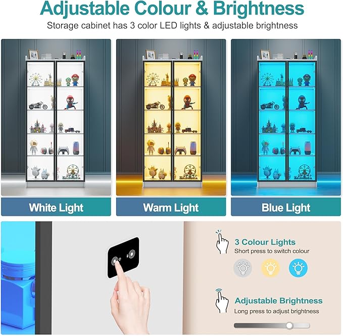 Lvifur 65" LED Display Cabinet with Lights for Living Room, 5 Tier Bookcase with Adjustable Shelves for Office, Tall Storage Cabinet with Human Body Induction for Collectibles (White)