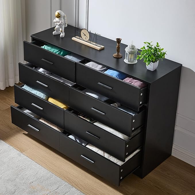 LIDYUK Dresser for Bedroom, Wood Dresser with 8 Drawers, Modern Minimalist Dressers & Chests of Drawers, 48 Inches Wide Chest of Drawers for Bedroom, Hallway, Living Room, Black