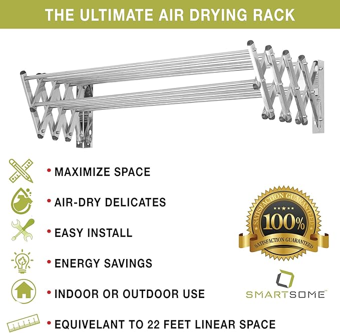 Smartsome | Wall Mounted | Clothes Drying Rack | 34" Wide | 22.5 Linear Feet Capacity | 8 Smooth Round Stainless Steel Rods | 60 lb Capacity | Fully Assembled | Compact Sturdy Space-Saving Design