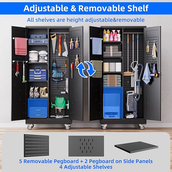 Black Broom Closet Storage Cabinet with Doors and 4 Shelves,Metal Cleaning Tool Cabinet with Pegboard,Hanging Rod for Brooms and Mops,Kitchen Pantry Storage Cabinet,Assembly Required