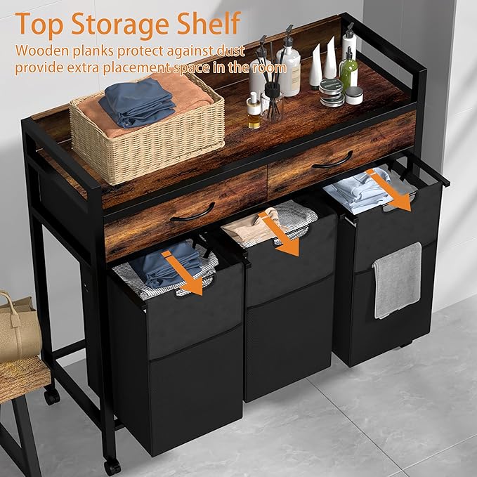 Laundry Sorter 3 Section,144L Hamper with Non-Woven Drawers,360° Rolling Laundry Basket,Pull-Out and Removable Oxford Fabric Laundry Bags,Rustic Brown and Black