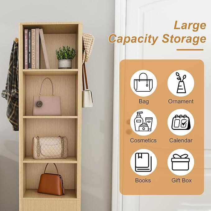 Montary 360° Rotating Makeup & Jewelry Cabinet with Full-Length Mirror - Standing Storage Organizer with Coat Rack, 4-Tier Open & Built-in Shelves, Walnut