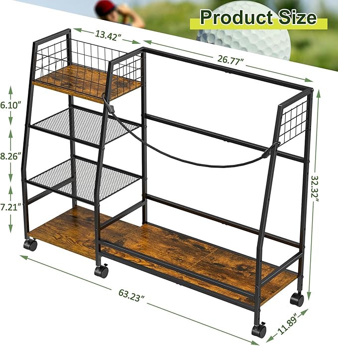 Golf Bag Storage Rack for Garage with Wheels, Organizer for Golf Bag and Equipment Accessories, Golf Organizer Stand Ideal for Home, Garage, Club, Shed, Basement - Sturdy and Durable (Black)