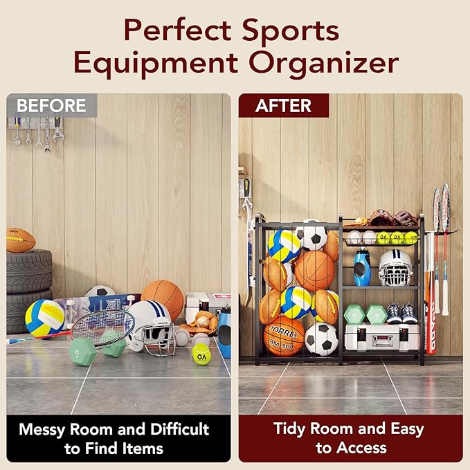 Garage Sports Equipment Organizer, Ball Storage for Gear and Toys, Large Capacity, Sports Organizer for Garage with Hooks and Baskets