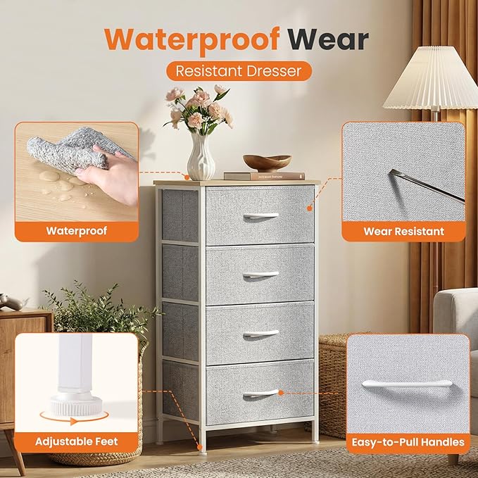 Sweetcrispy Nightstand Small Bedroom Dresser with 4 Fabric Drawers,Bed Side Furniture End Table,Wooden Top Cabinet Night Stand Dresser for Closet,Entryway,Dorm,Light Gray