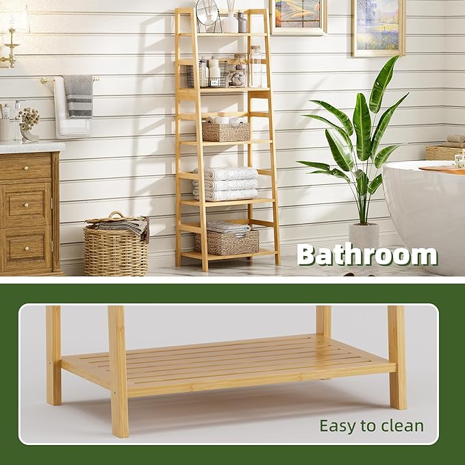 Ladder Shelf, 5-Tier Bookshelf, All Bamboo Heavy Duty Bookcase, Freestanding Open Wood Storage Rack, Modern Corner Display Plant Stand for Living Room, Home Office, Bathroom, Bedroom, Natural