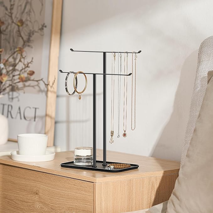 pickpiff Necklace Holder Jewelry Organizer Stand – 2‑Tier T‑Bar Jewelry Display Tree with Tray for Countertop Necklace Bracelet Earring Storage, Vanity Dresser Bathroom Sink, Black
