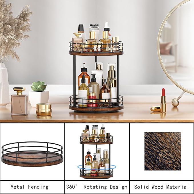 Bathroom Organizer Countertop,2 Tier Rotating Makeup Organizer Countertop for Vanity,Wooden Bathroom Counter Storage Shelf,Vanity Tray for Perfume,Skincare,Cosmetic
