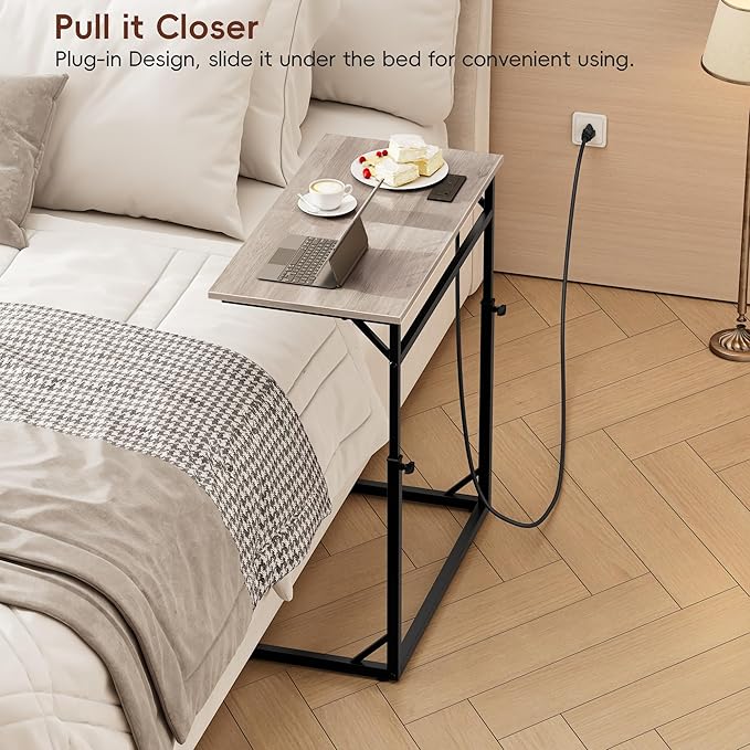 Vagusicc C Shaped End Table with Charging Station, C-Table End Table Adjustable Height Side Table for Couch, Large Couch Table, Slide Under Couch Table TV Tray Table for Sofa,Living Room,Bedroom, Grey