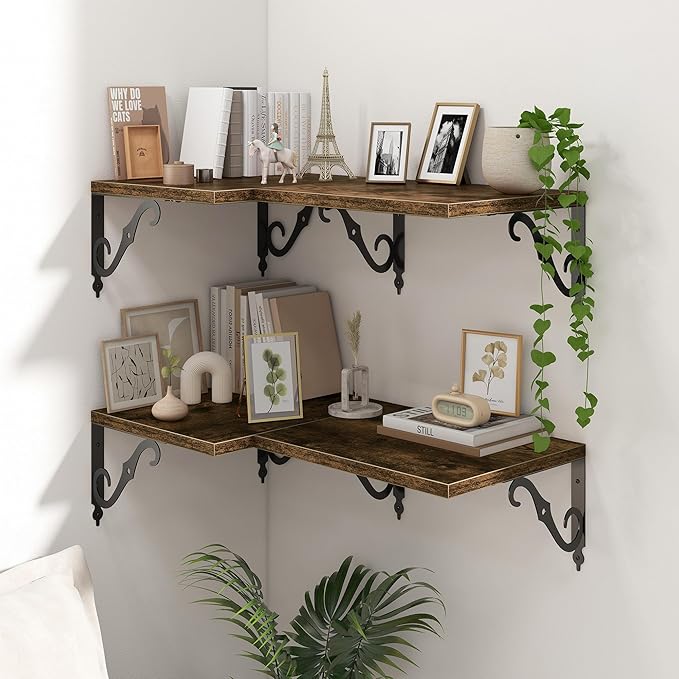 16 Inch Deep Floating Shelves for Wall, 12 Inch Deep Floating Shelf with Bracket, Wall Shelves 16 Inches Long, Wide Display & Storage Shelves for Living Room, Bathroom, Bedroom, Rustic Brown, Set of 2