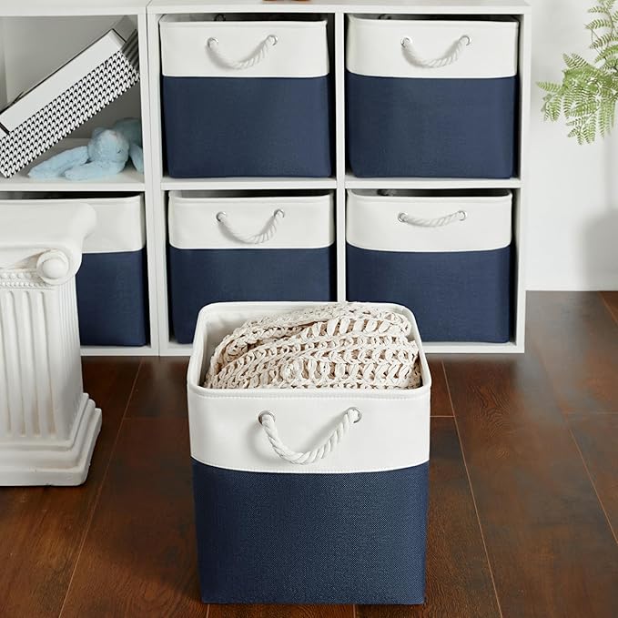 Fabric Storage Cubes, 11 inch cube storage bin with Handles, 11x11cube storage organizer bins, Collapsible Storage Bins for Shelves and Home, Cubby Storage Bins (white-navy, 10.5x10.5x11in)